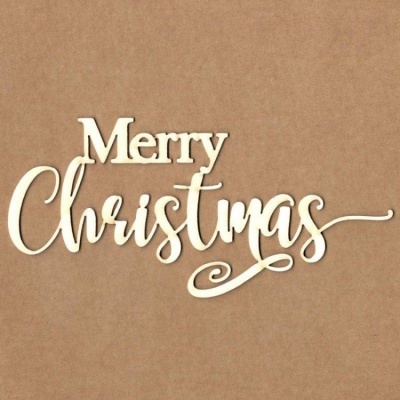 Frase decorativa Merry Christmas em madeira clara sobre fundo castanho