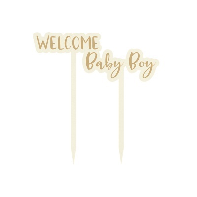 Toppers para bolos com texto WELCOME e Baby Boy em cores creme e marron claro