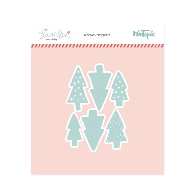 Conjunto de 6 troqueles em forma de árvores de Natal azuis com detalhes brancos em embalagem rosa