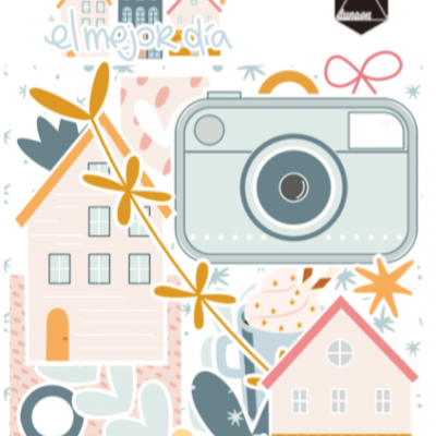 ilustração colorida com casas, câmara, flores e texto 'el mejor día'