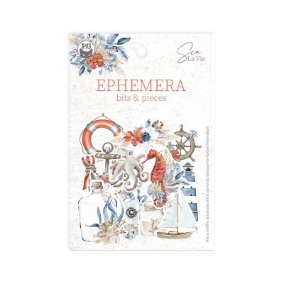 Pacote de ephemera decorativa com tema marítimo em cores azul, vermelho, bege e branco.
