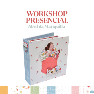 Álbum decorativo para scrapbooking com capa branca, flores, e ilustração em relevo de rapariga com flores