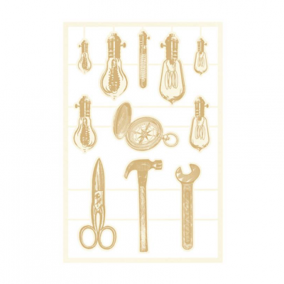 Adesivos bege de lâmpadas, bússola, tesoura, martelo e chave inglesa