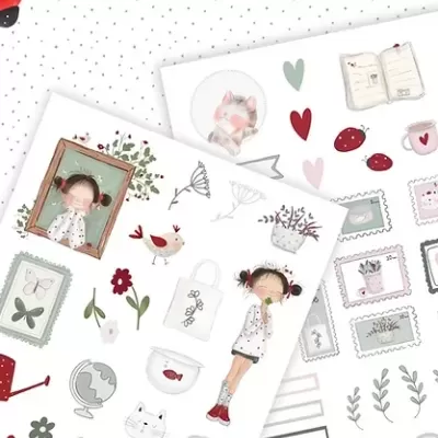 Folhas com várias ilustrações infantis em cores suaves incluindo personagens e objetos decorativos