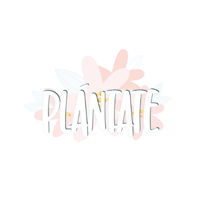 Texto PLÁNTATE sobre fundo branco com ilustração de flores e folhas em tons pastel