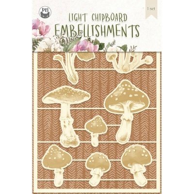 Embossed light chipboard embellishments with mushroom designs