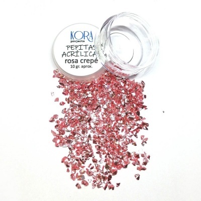 Frasco com pepitas acrílicas rosa crepe e rótulo KORA projects