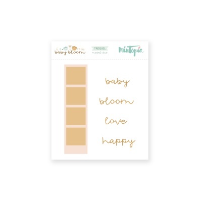 Quadrados em tons de bege e rosa com palavras em dourado 'baby bloom love happy'