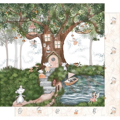 Ilustração infantil de uma árvore com animais vestidos, lagoa e fadas