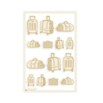 Adesivos de malas e sacos de viagem em bege sobre fundo branco