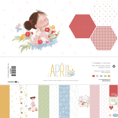 Papel de scrapbooking APRIL com padrões florais, menina, coelhos e amostras de textura hexagonal