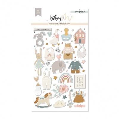 Folha de autocolantes fofos para bebés com diversos desenhos coloridos e texto em inglês