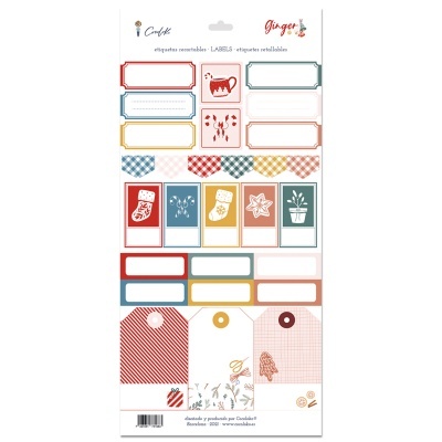 Folha de etiquetas recortáveis coloridas com temas de Natal e textos em espanhol e inglês