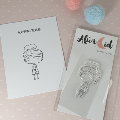 Carimbo de silicone de menina com cabelo apanhado e cartão com impressão