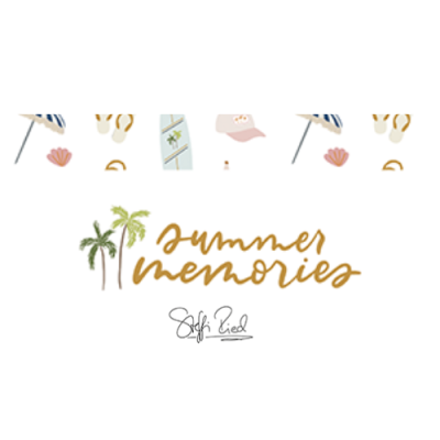 Texto summer memories em dourado com palmeiras verdes e assinatura Sofi Pied num fundo branco