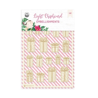 Embellishments de madeira em forma de presentes com laços, fundo riscado rosa e branco.