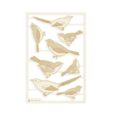 Adesivos transparentes de pássaros com contornos dourados dispostos em fundo branco