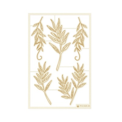 Conjunto de carimbos transparents com desenhos de folhas douradas em fundo branco