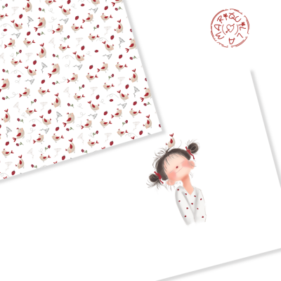 Papel de embrulho com padrão de pássaros e cartão com ilustração de menina e selo vermelho