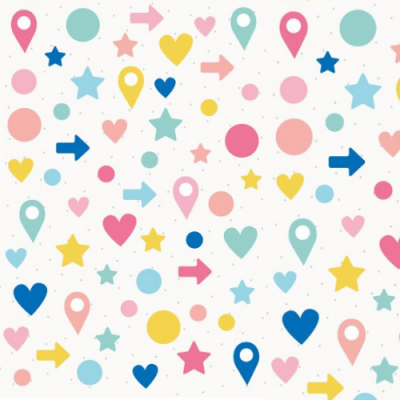 Padrão colorido de formas geométricas e símbolos variados sobre fundo branco