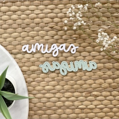 Recortes em acrílico com a palavra amigas em branco e azul claro sobre superfície trançada e plantas