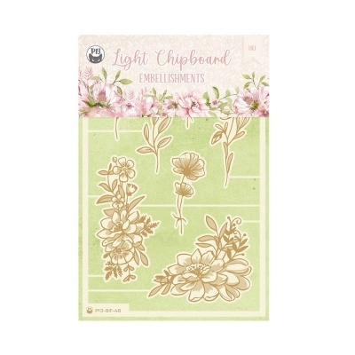Embalagem de embelezadores de chipboard com desenhos florais beje e fundo verde e rosa