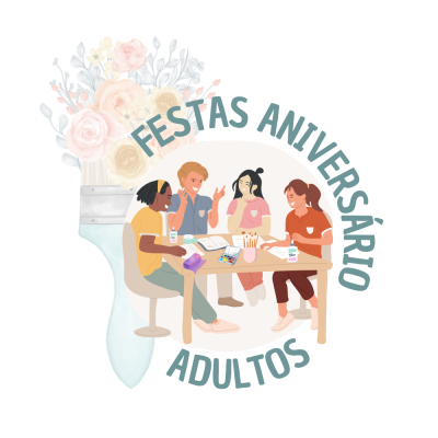 Ilustração de festa de aniversário para adultos com quatro pessoas sentadas à mesa e flores ao fundo