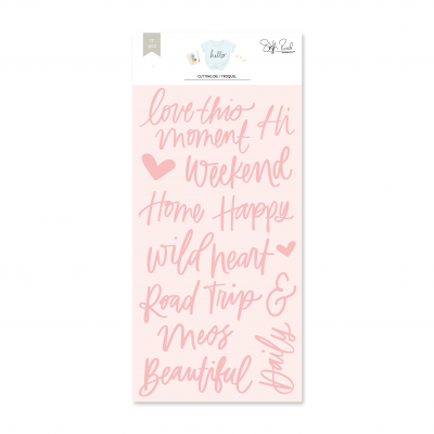 Pacote de adesivos com palavras em rosa claro e fundo branco em estilo manuscrito