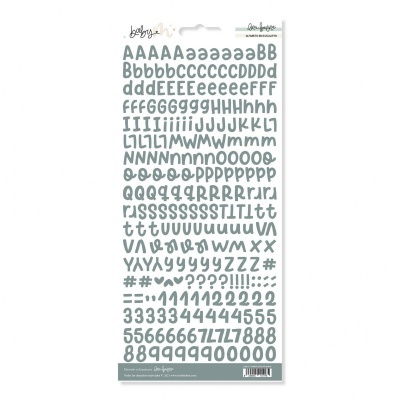 Folha de autocolantes com letras e números cinza claro em vários estilos manuscritos