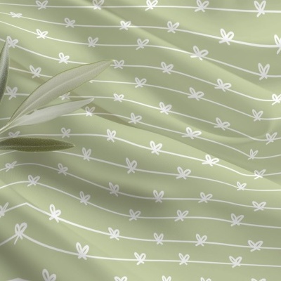 Tecido verde claro com padrão floral branco e folhas verdes