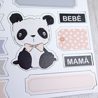 Autocolantes com panda e etiquetas com texto Bebé e Mamá