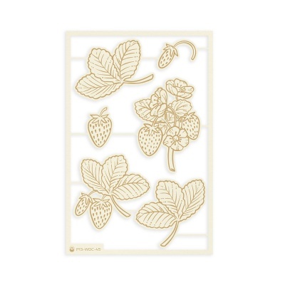 Peças decorativas bege de folhas e morangos em moldura retangular clara