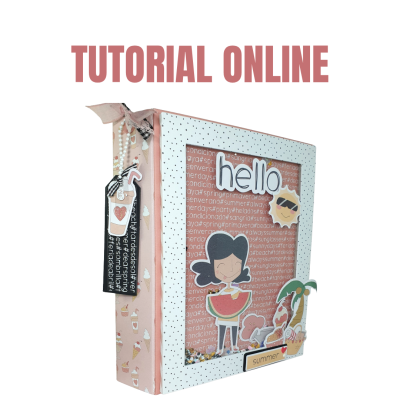 Álbum decorativo com capa de gelados e moldura branca com pontos pretos e figuras coloridas.