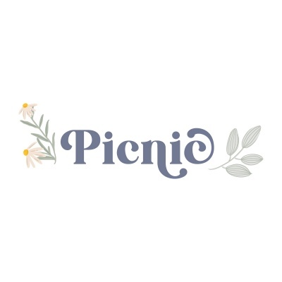 Logotipo com texto 'Picnic' e ilustrações de flores e folhas