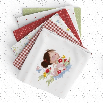 Conjunto de tecidos coloridos com padrão de menina, flores e xadrez