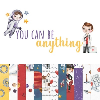 Texto motivacional com criança astronauta e médico, com padrões coloridos na parte inferior