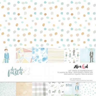 Kit papel scrapbook com 13 folhas com padrões coloridos e embalagem branca.