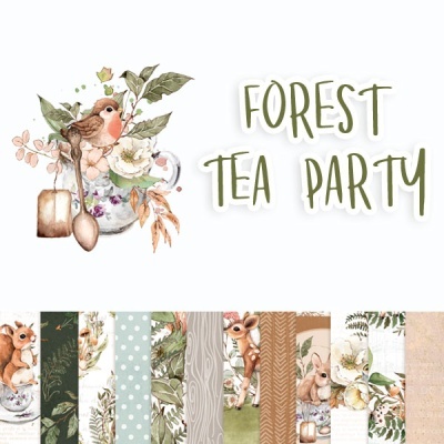 Design floral e animais da floresta com texto 'FOREST TEA PARTY' e padrões variados com folhas, animais e texturas.