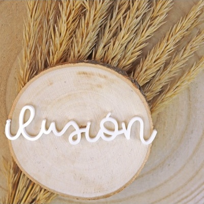 Palavra 'ilusión' em letras brancas sobre tábua redonda de madeira com capim seco ao fundo