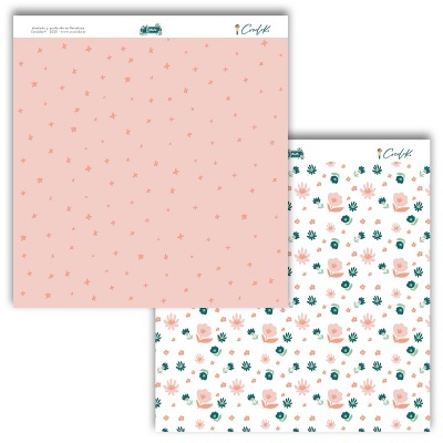 Folha de papel de embrulho dupla face com padrões florais em tons de rosa, pêssego, verde e azul.