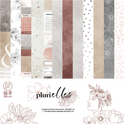 Papéis decorativos para scrapbook com padrões florais e texturas variadas em tons neutros e terracota.