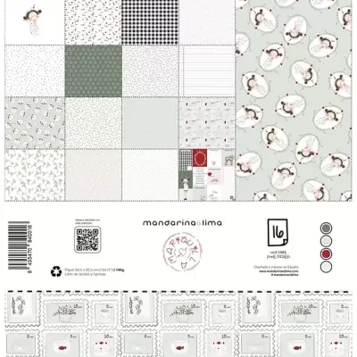 Papel decorativo para artesanato com vários padrões em verde, branco, preto e vermelho