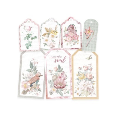 Sete etiquetas decorativas com flores e pássaros em tons pastel.