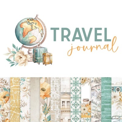 Ilustração de globo, malas e flores com texto 'TRAVEL journal' e tiras verticais com padrões decorativos