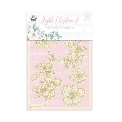 Embossamentos chipboard florais dourados sobre fundo rosa com embalagem transparente e etiqueta branca no topo