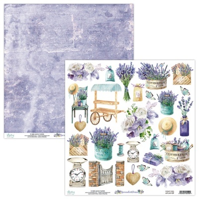 Papel de scrapbooking decorado com ilustrações de lavanda e objetos vintage