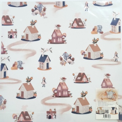 Papel de parede com casinhas coloridas e figuras humanas em fundo branco