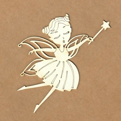 Recorte em madeira de fada com vestido, asas e varinha