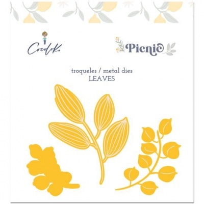 Troqueles metal dies amarelos em forma de folhas com texto e marcas visíveis