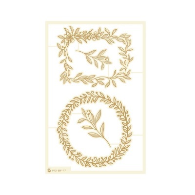 Cartão com dois desenhos florais em bege, um retangular e outro circular, sobre fundo branco